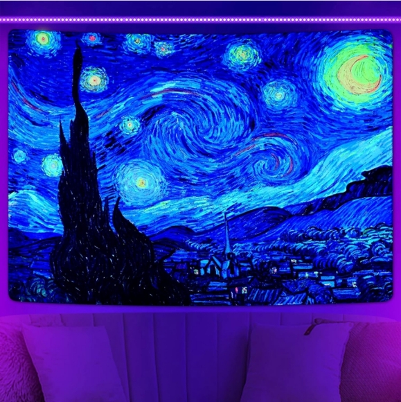 XL Black Light Starry Night Vincent Van Gogh Big Wall Tapestry Blacklight New - Picture 2 of 11